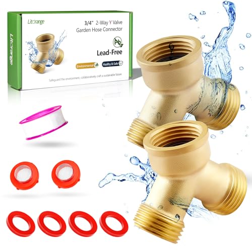 Litorange (2 PACK) Solid Brass Lead-Free Body Backyard 2 Way Y Valve Garden Hose Connector MHT 3/4" Inch Thread Splitter Adapter + 4 Silicone Hose Washers - Image 1