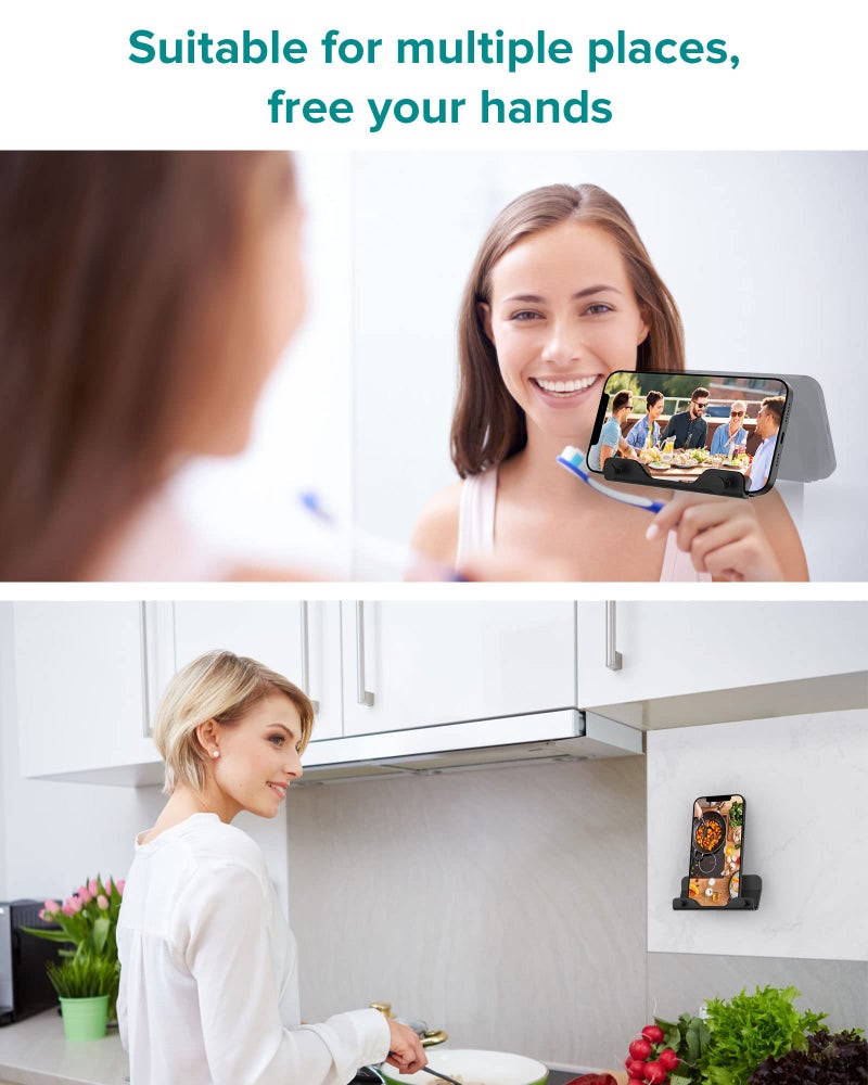 HomeMount Wall Phone Holder - Hands Free Wall Mount Phone Holder with Adhesive Strip Wall Mount Phone Holder for Bedroom Living Room Kitchen Compatible with All Phone or Mini ipad Black (1PCS) - Image 4