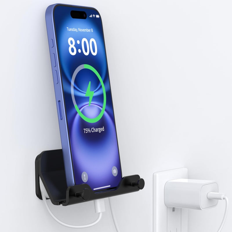 HomeMount Wall Phone Holder - Hands Free Wall Mount Phone Holder with Adhesive Strip Wall Mount Phone Holder for Bedroom Living Room Kitchen Compatible with All Phone or Mini ipad Black (1PCS) - Image 2