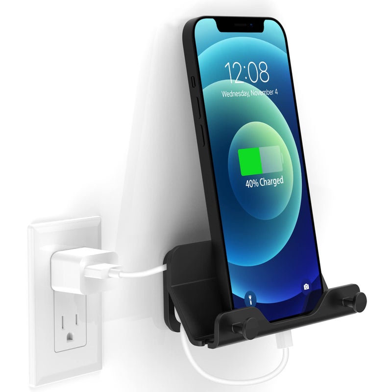 HomeMount Wall Phone Holder - Hands Free Wall Mount Phone Holder with Adhesive Strip Wall Mount Phone Holder for Bedroom Living Room Kitchen Compatible with All Phone or Mini ipad Black (1PCS) - Image 1