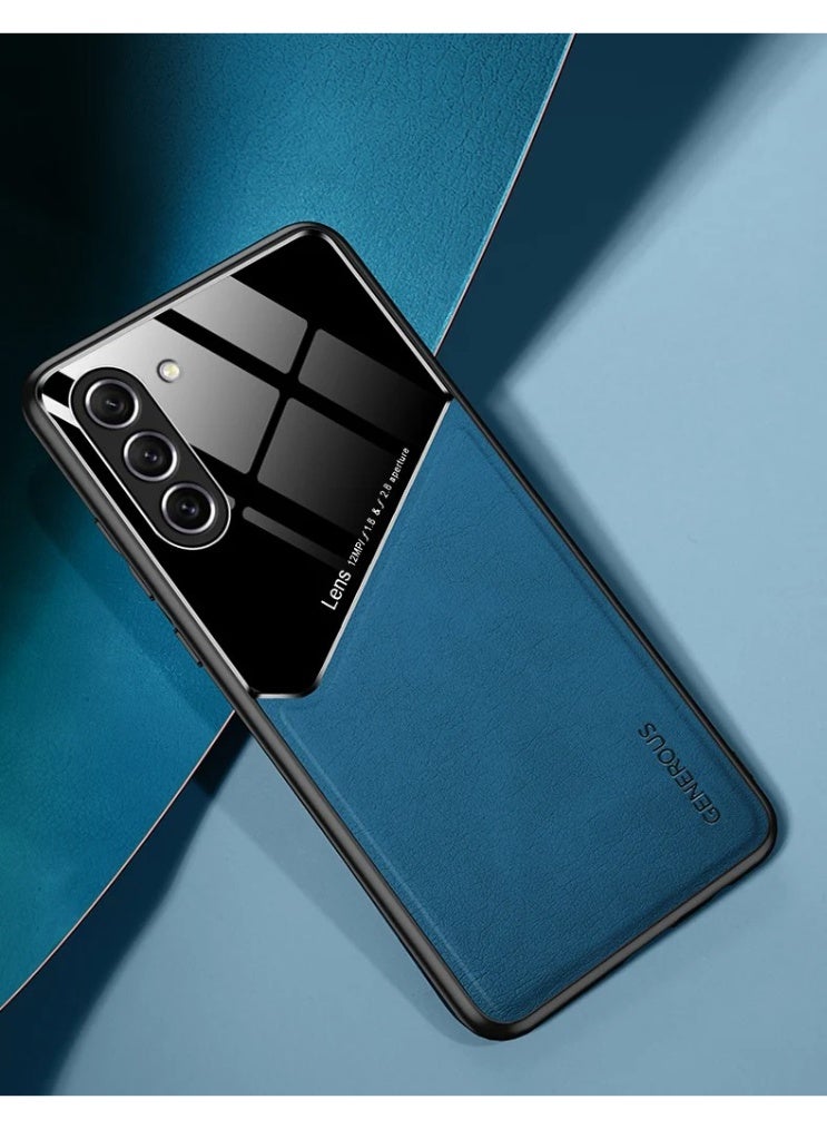 Case Compatible With Samsung Galaxy S23 Cover Luxury Leather And Glass With Car Magnetic Holder Phone Cover Soft Frame Silicone - Blue - Image 1