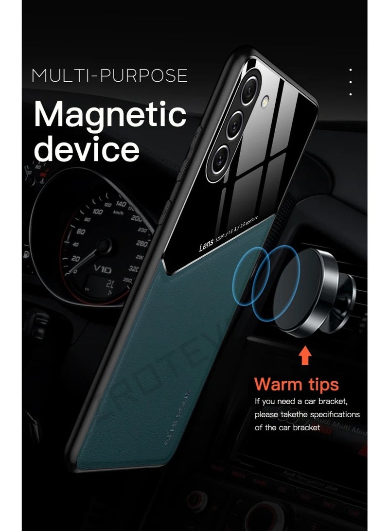 Case Compatible With Samsung Galaxy S23 Cover Luxury Leather And Glass With Car Magnetic Holder Phone Cover Soft Frame Silicone - Blue - Image 2