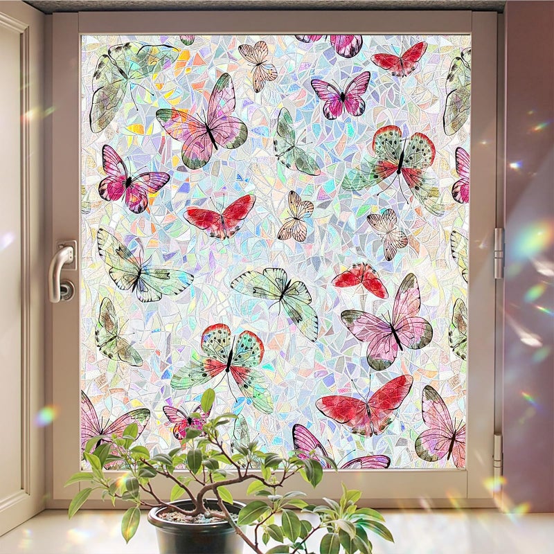 ADD.HERES Window Privacy Film,Colorful Floral Window Stickers,Removable DIY Bouquet Static Clings, Decals for Home School Office Party Supplies,â€Œ Laser Butterflyï¼Œ17.5 x 78.7 in - Image 1