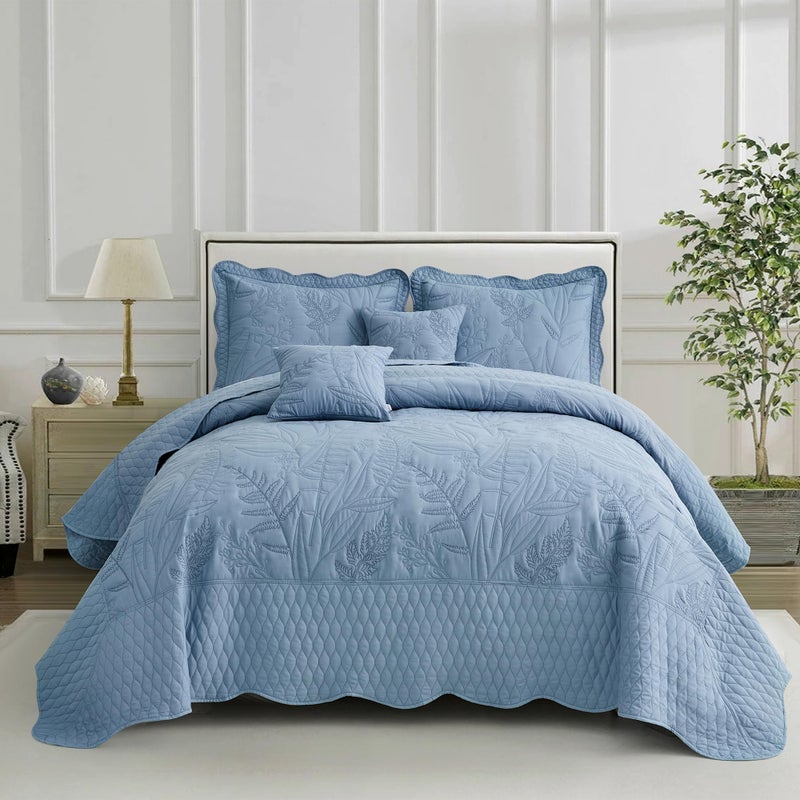 DaisyHuang Botanical Oversized Bedspread King Size  Leaves Pattern Stitching Quilt Set  Elegant  Fresh Style Bedding Coverlets Reversible Lightweight 5 Piece Ashley Blue