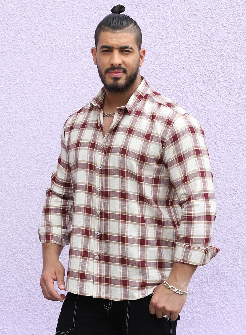 Instafab Plus Instafab Plus Men's Chocolate Brown & Ivory White Shepard's Check Shirt For Casual Wear | Spread Collar | Long Sleeve | Button Closure | Shirt Crafted With Comfort Fit For Everyday Wear