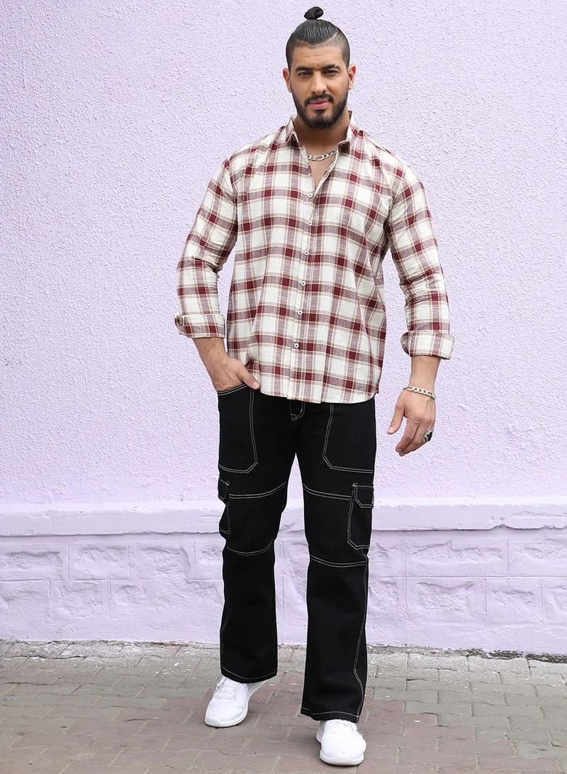 Instafab Plus Instafab Plus Men's Chocolate Brown & Ivory White Shepard's Check Shirt For Casual Wear | Spread Collar | Long Sleeve | Button Closure | Shirt Crafted With Comfort Fit For Everyday Wear