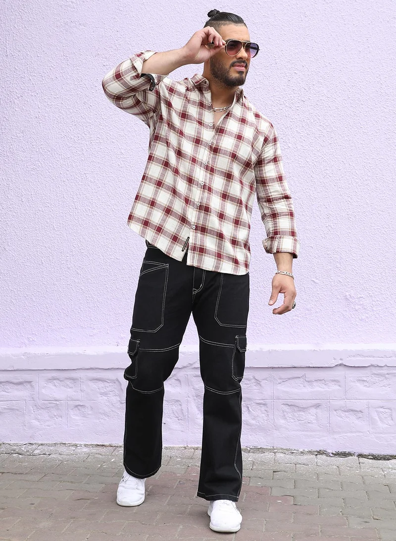 Instafab Plus Instafab Plus Men's Chocolate Brown & Ivory White Shepard's Check Shirt For Casual Wear | Spread Collar | Long Sleeve | Button Closure | Shirt Crafted With Comfort Fit For Everyday Wear