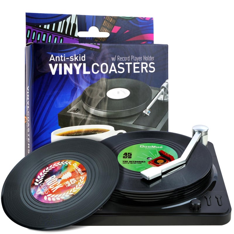DuoMuo Funny Retro Record Coasters for Drinks with Vinyl Player Holder for Music Lovers,Set of 6 Conversation Piece Sayings Drink Coaster,Housewarming Hostess Wedding Registry Gift Ideas - Image 1