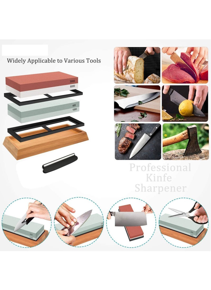 Arabest - Whetstone Set, Premium Double Sided Whetstone Knife Sharpening Set, 400/1000 & 3000/8000 Whetstones with Bamboo Base, Angled Rails & 2 Non-Slip Rubber Bases - Image 1