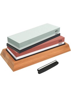 Whetstone Set, Premium Double Sided Whetstone Knife Sharpening Set, 400/1000 & 3000/8000 Whetstones with Bamboo Base, Angled Rails & 2 Non-Slip Rubber Bases