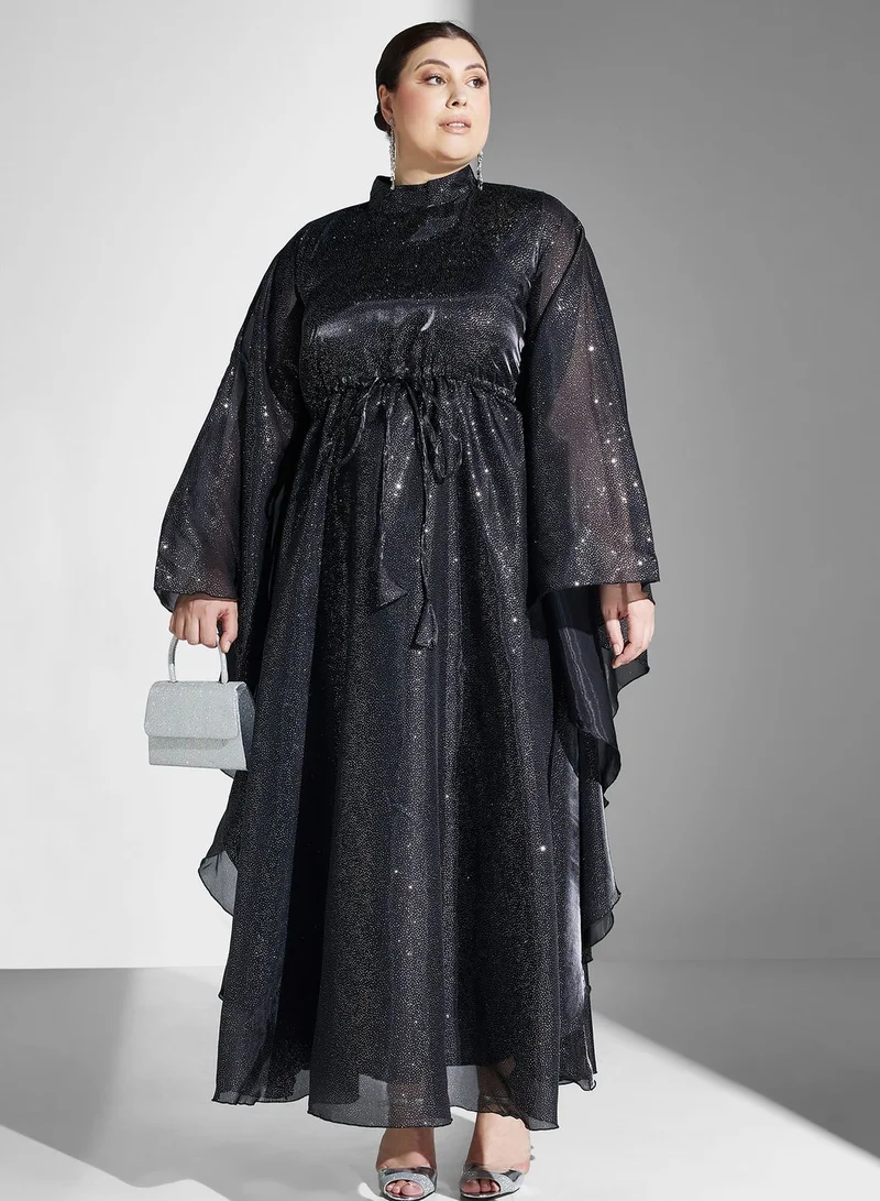 Khizana Plus size shimmer tie detail closed abaya with sheila