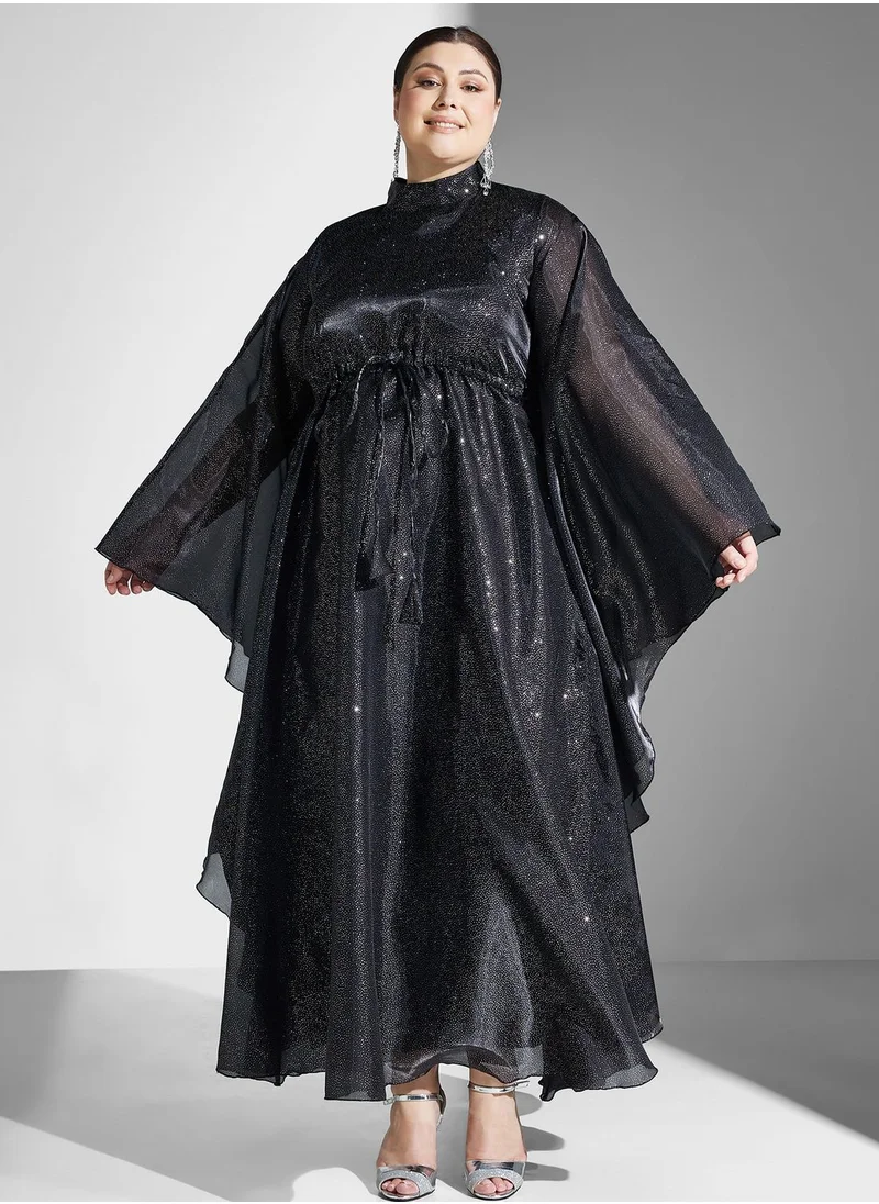 Khizana Plus size shimmer tie detail closed abaya with sheila