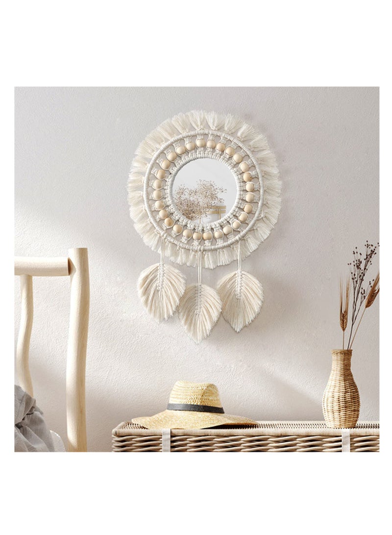 SYOSI مرآة حائط معلقة - مرآة زخرفية دائرية برباط ماكرامي مع خرزات خشبية وقلادة ريش، زينة فنية لشقة وبيت وغرفة نوم وصالة - Image 1