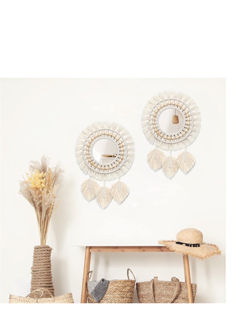 SYOSI مرآة حائط معلقة - مرآة زخرفية دائرية برباط ماكرامي مع خرزات خشبية وقلادة ريش، زينة فنية لشقة وبيت وغرفة نوم وصالة - Image 3