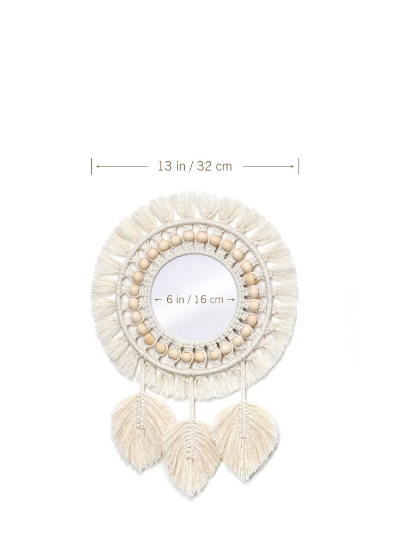 SYOSI مرآة حائط معلقة - مرآة زخرفية دائرية برباط ماكرامي مع خرزات خشبية وقلادة ريش، زينة فنية لشقة وبيت وغرفة نوم وصالة - Image 5