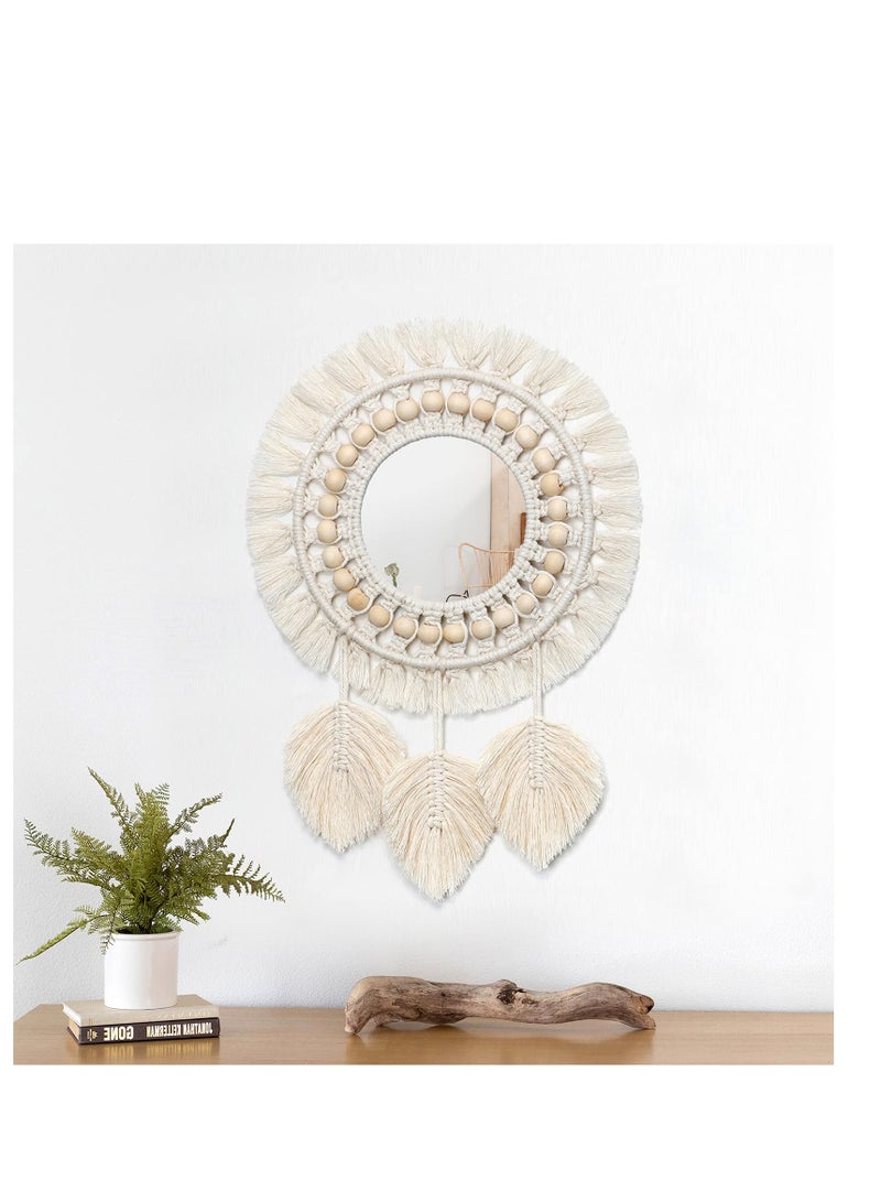 SYOSI مرآة حائط معلقة - مرآة زخرفية دائرية برباط ماكرامي مع خرزات خشبية وقلادة ريش، زينة فنية لشقة وبيت وغرفة نوم وصالة - Image 4
