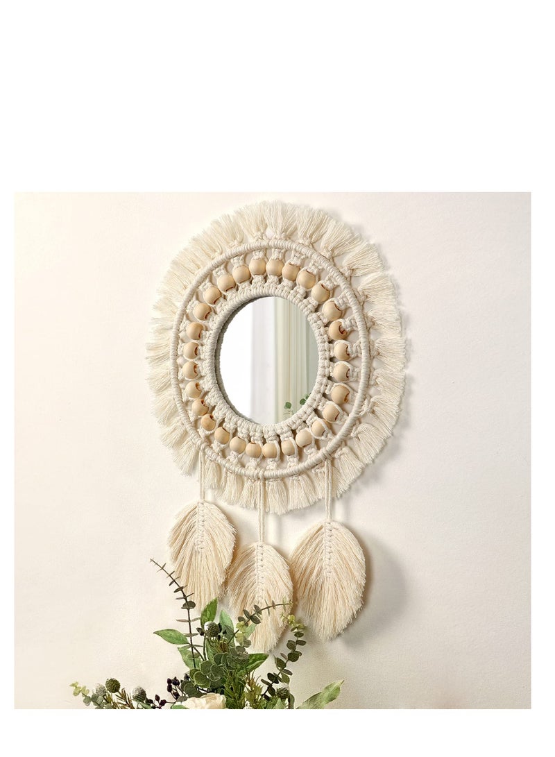 SYOSI مرآة حائط معلقة - مرآة زخرفية دائرية برباط ماكرامي مع خرزات خشبية وقلادة ريش، زينة فنية لشقة وبيت وغرفة نوم وصالة - Image 2