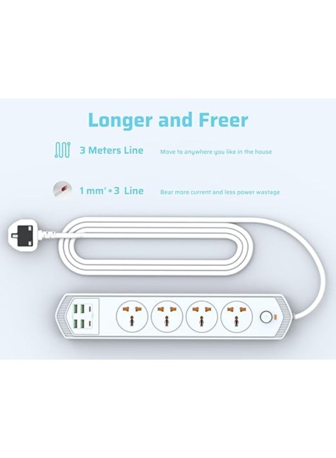 CREATMOR Extension Cord Surge Protector 3M 4 AC Outlets/2 Type C Ports/4 USB Ports Power Strip Power extension 4.2A 240V/10A Surge Protection - Image 3