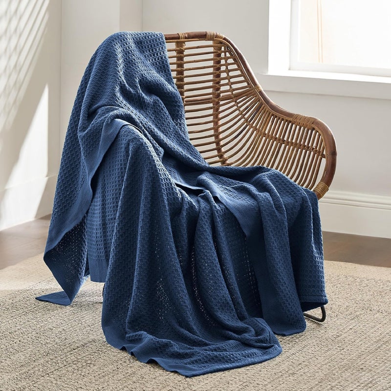Bedsure 100% Cotton Blanket - Stone-Washed Blanket with Waffle Pattern for Home Decoration - Perfect for Layering Any Bed for All-Season - Twin Size (66 x 90 inches), Navy - Image 3