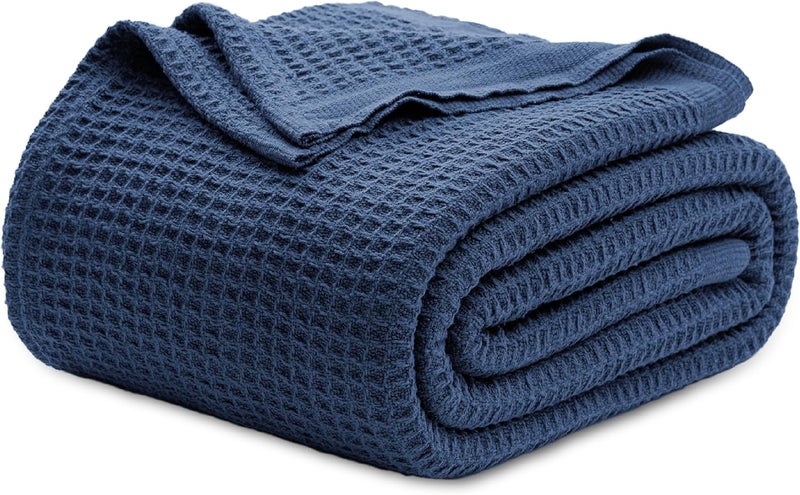 Bedsure 100% Cotton Blanket - Stone-Washed Blanket with Waffle Pattern for Home Decoration - Perfect for Layering Any Bed for All-Season - Twin Size (66 x 90 inches), Navy - Image 1