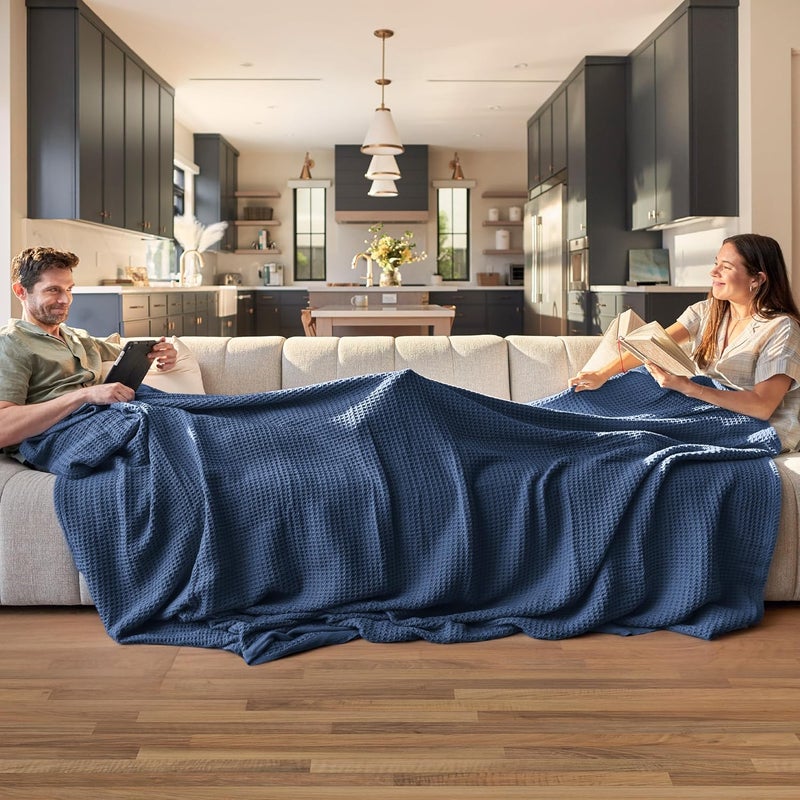 Bedsure 100% Cotton Blanket - Stone-Washed Blanket with Waffle Pattern for Home Decoration - Perfect for Layering Any Bed for All-Season - Twin Size (66 x 90 inches), Navy - Image 2