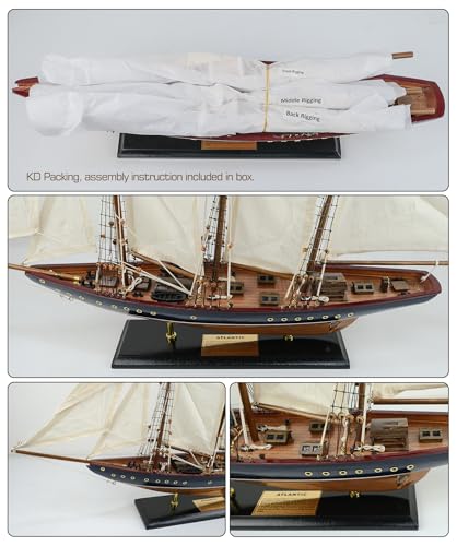 HOME DECOR SAILINGSTORY نموذج قارب شراعي خشبي 30" من SAILINGSTORY - ديكور قارب شراعي - نموذج سفينة شونر أتلانتيك مقياس 1:50 بتشطيب عتيق من البحرية والجوز - Image 3