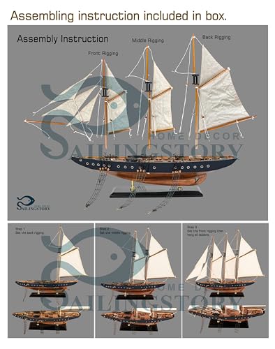 HOME DECOR SAILINGSTORY نموذج قارب شراعي خشبي 30" من SAILINGSTORY - ديكور قارب شراعي - نموذج سفينة شونر أتلانتيك مقياس 1:50 بتشطيب عتيق من البحرية والجوز - Image 4