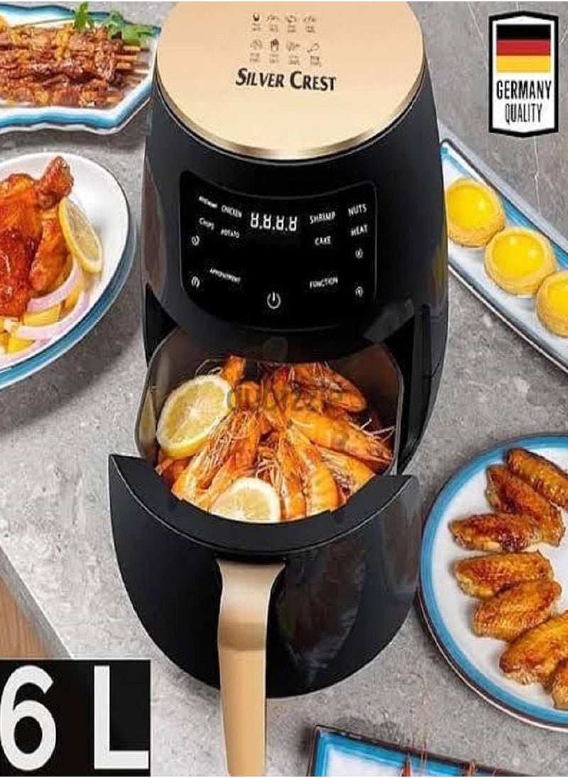 Air Fryer 6L capacity 1400W power You can prepare many types of food such as chicken, meat, vegetables, fish, appetizers, desserts, etc. The nice feature is that it prepares healthy and delicious food without using oil. You can eat all foods without healthy oil SlL VER CREST brand Silver Crest