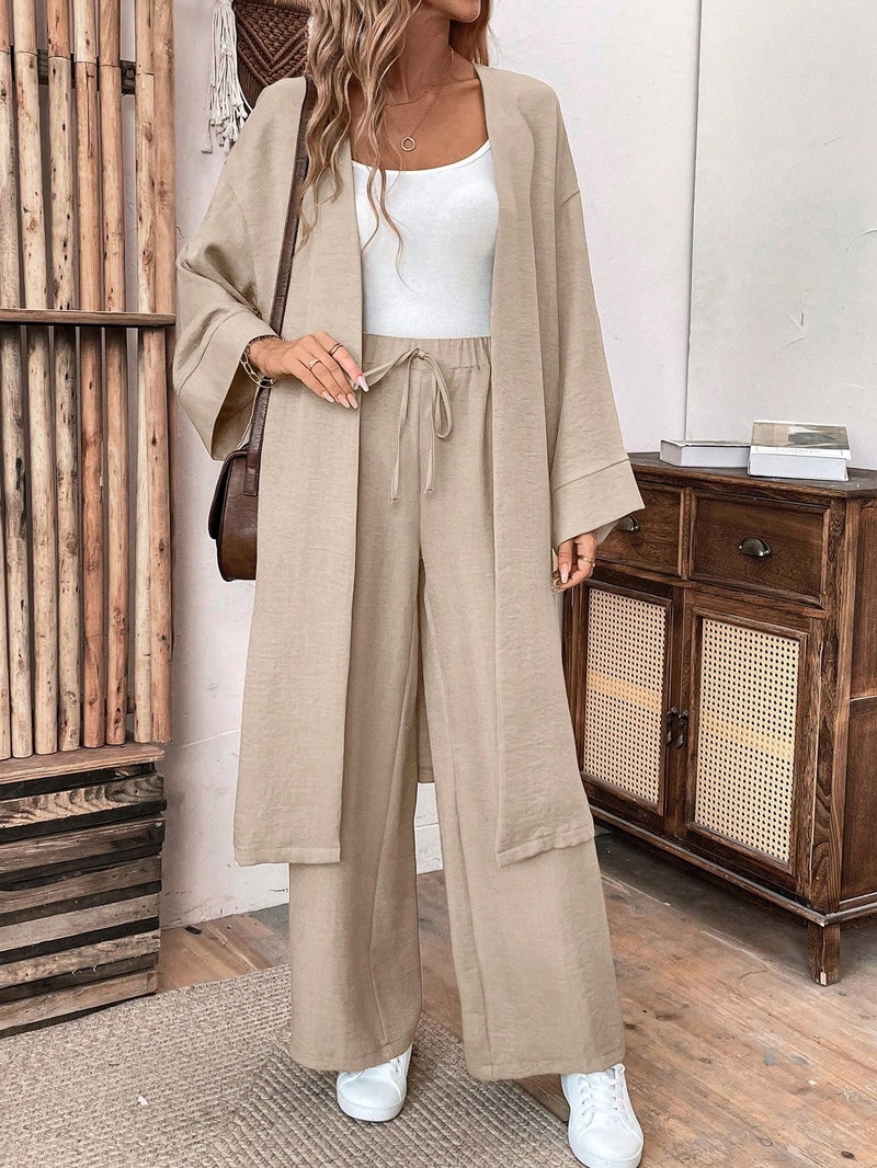 Women's Casual Two-Piece Set: Long Cardigan & Wide-Leg Pants, Loose Fit, Spring/Autumn