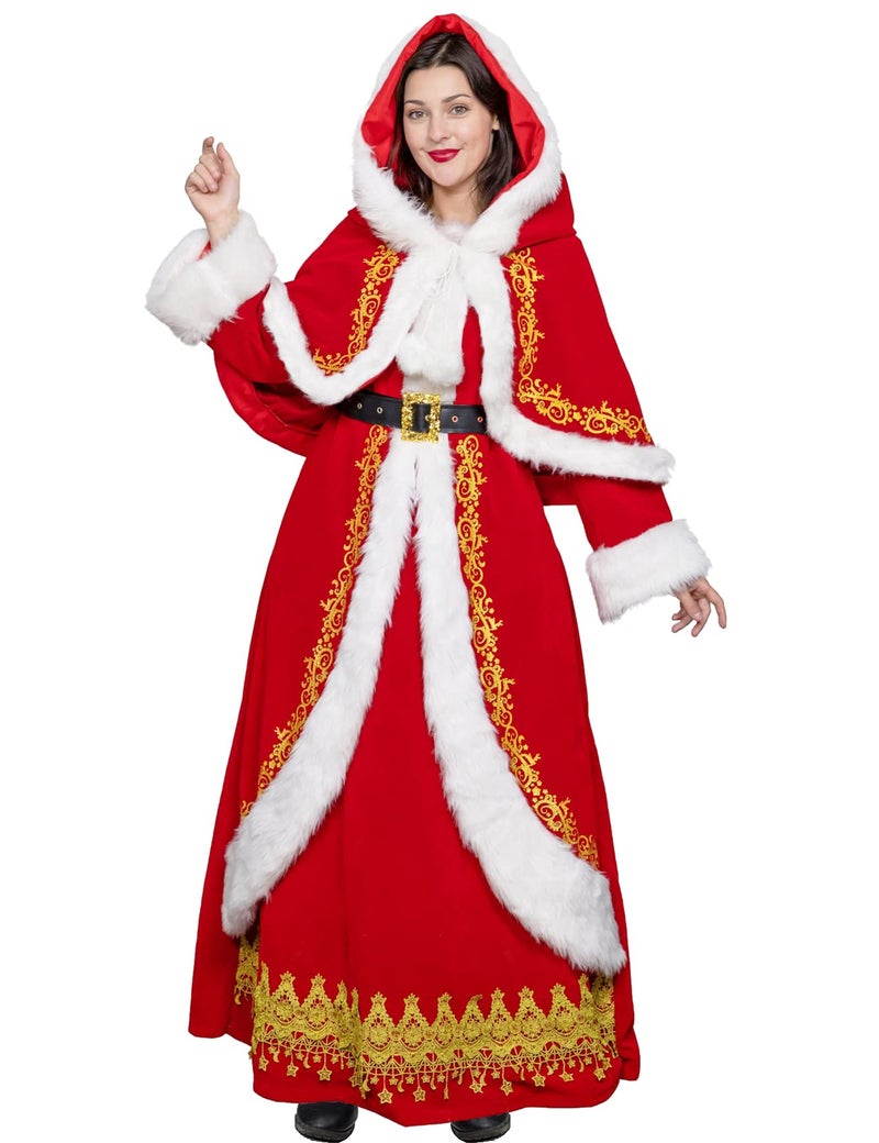 Halfjuly Mrs Claus Costume for Women 3PCS Adult Miss Santa Clause Dress Plus Size Outfit Suit Christmas with Hooded Cape Belt XL