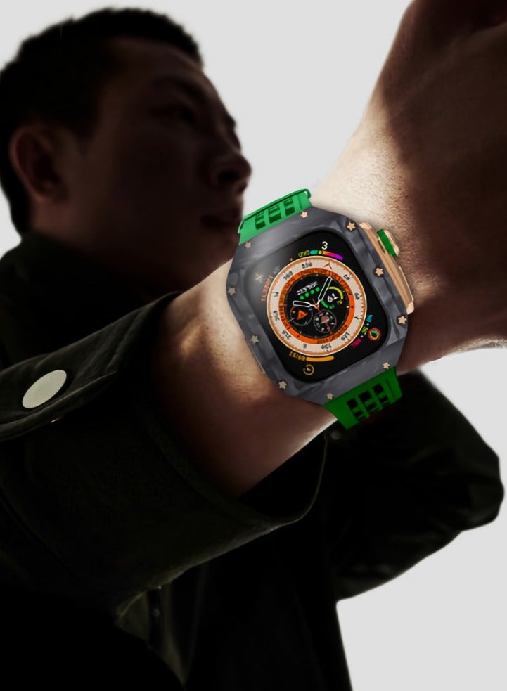 AROAQ Carbon Fiber Case For Apple Watch, 49mm Fluororubber Band Metal Bazel For Iwatch, Ultra Titanium Alloy Integrated Protective Case, (Carbon shell-rose titanium frame-orange tape) - Image 4