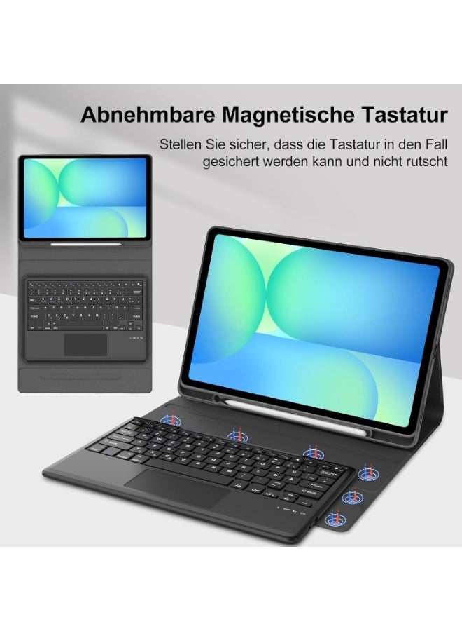 فكرة كيبورد Fekra مخصص لساعة Samsung Galaxy Tab S10 FE+ Plus مقاس 13.1 بوصة (2025)، مزود بتراكباد مدمج، مع جراب يحتوي على لوحة مفاتيح بلوتوث قابلة للفصل ومغناطيسية بتخطيط QWERTZ، باللون الأسود، يتيح تحكمًا أسهل وتجربة استخدام شبيهة باللابتوب مع سهولة في التنقل والكتابة. - Image 5