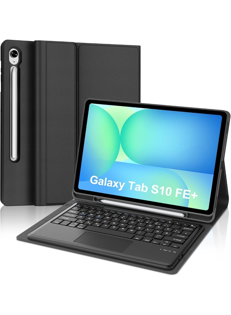 فكرة كيبورد Fekra مخصص لساعة Samsung Galaxy Tab S10 FE+ Plus مقاس 13.1 بوصة (2025)، مزود بتراكباد مدمج، مع جراب يحتوي على لوحة مفاتيح بلوتوث قابلة للفصل ومغناطيسية بتخطيط QWERTZ، باللون الأسود، يتيح تحكمًا أسهل وتجربة استخدام شبيهة باللابتوب مع سهولة في التنقل والكتابة. - Image 1