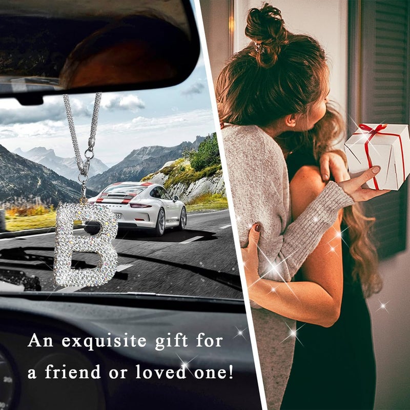 DXNQ Bling Initial Car Rear View Mirror Ornament, Crystal Sparkling Cute Letter Charm Pendant Auto Decor, Hanging Lucky Diamond Initial Charm Car Mirror Bag Ornament for Girl Women (Letter B) - Image 5
