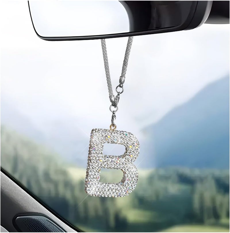 DXNQ Bling Initial Car Rear View Mirror Ornament, Crystal Sparkling Cute Letter Charm Pendant Auto Decor, Hanging Lucky Diamond Initial Charm Car Mirror Bag Ornament for Girl Women (Letter B) - Image 1