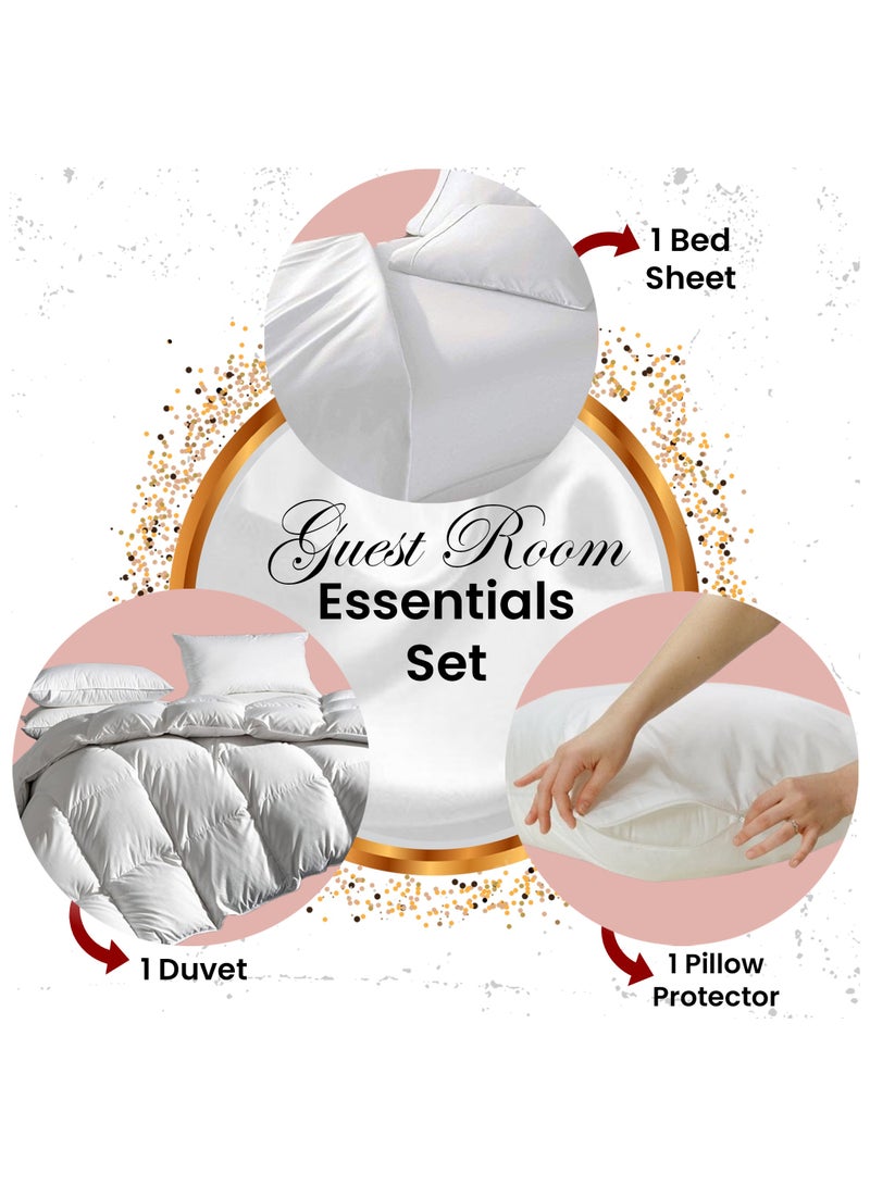 Asraar Guest Room Essentials 3-Piece Set – Includes 1 Premium Bed Sheet 120 x 200cm for a Soft and Luxurious Feel, 1 Lightweight Duvet 160 x 320cm for Comfort, and 1 Pillow Protector 75 x 50cm to Keep Pillows Fresh and Clean – Stylish and Easy to Maintain  - Image 1
