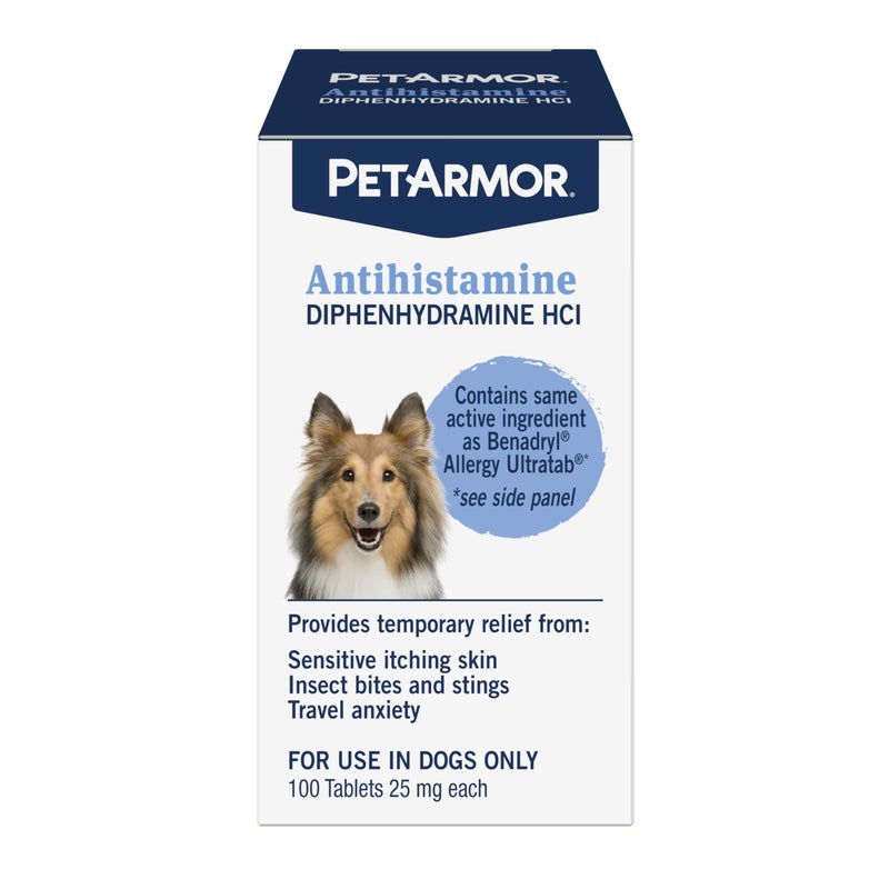PetArmor بيت أرمور مضاد الهيستامين لتخفيف الحساسية للكلاب، دواء سهل الاستخدام للحساسية للكلاب، دواء مضاد للحكة يوفر تخفيفًا من لدغات الحشرات، والدغدغات، 100 قرص - Image 1