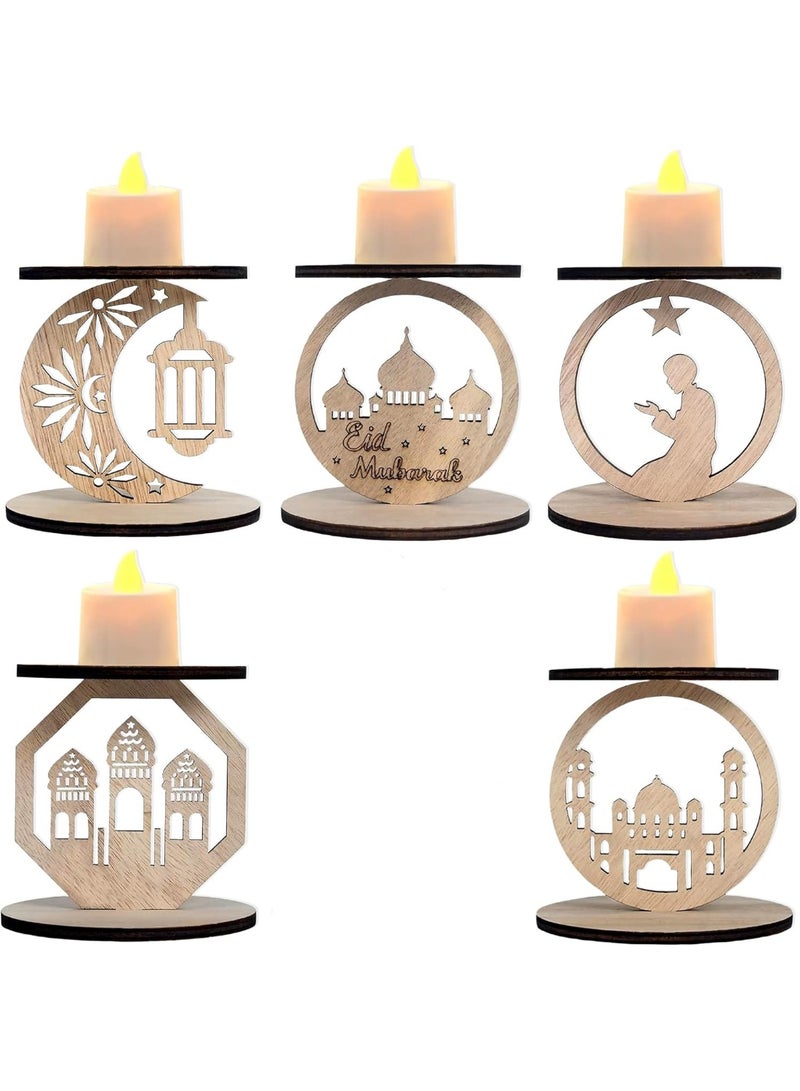 5‑Pack Wooden Ramadan Candle Holders – “Eid Mubarak” Décor with Star, Crescent Moon, Mosque Silhouettes – Indoor/Outdoor Muslim Islamic Party, Wedding & Anniversary Supplies - Image 1