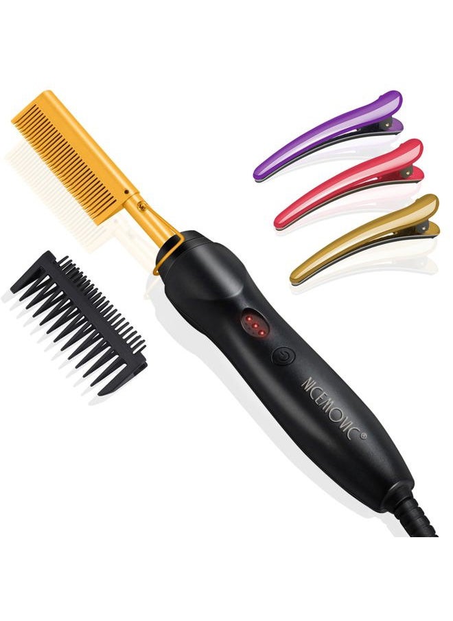 NICEMOVIC Ceramic Heating Hair Straightener Comb - Hot Pressing Brush for Natural Black Hair, Beard Wigs, and Curling (Gold)  - Image 1