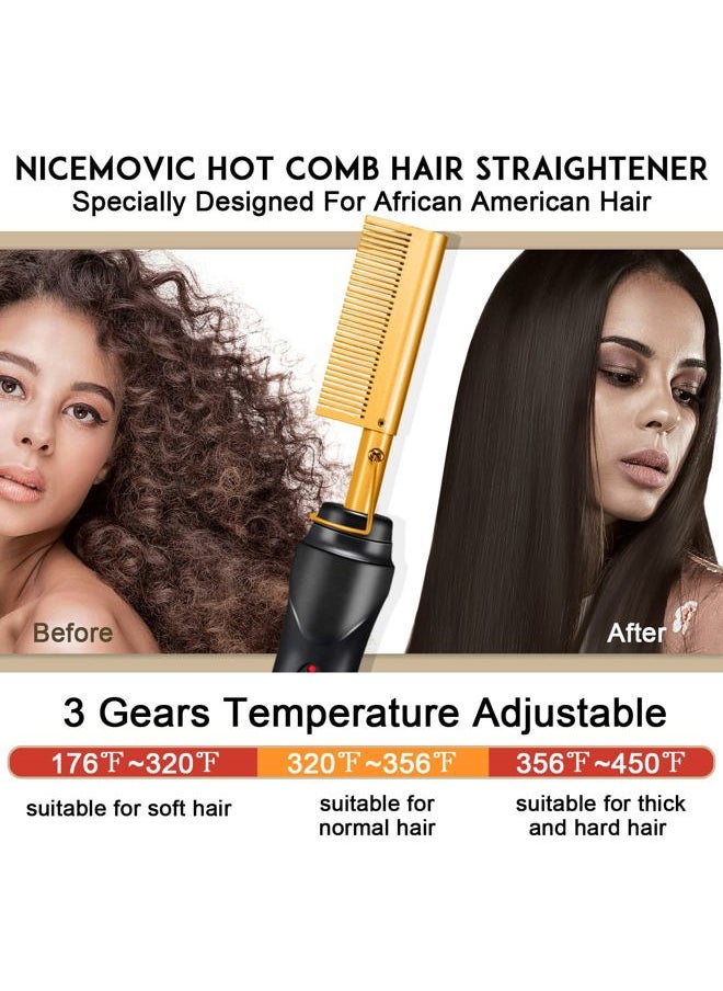 NICEMOVIC Ceramic Heating Hair Straightener Comb - Hot Pressing Brush for Natural Black Hair, Beard Wigs, and Curling (Gold)  - Image 3