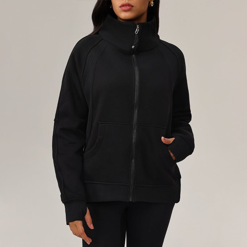 Thickened Fleece Hoodie Womens Warm Yoga Jacket Autumn Winter Black 