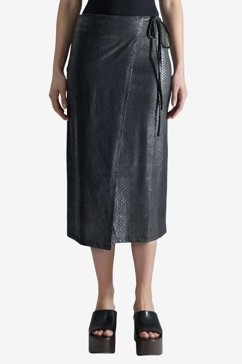 BUSEM Faux Leather Midi Skirt with Bow Detail