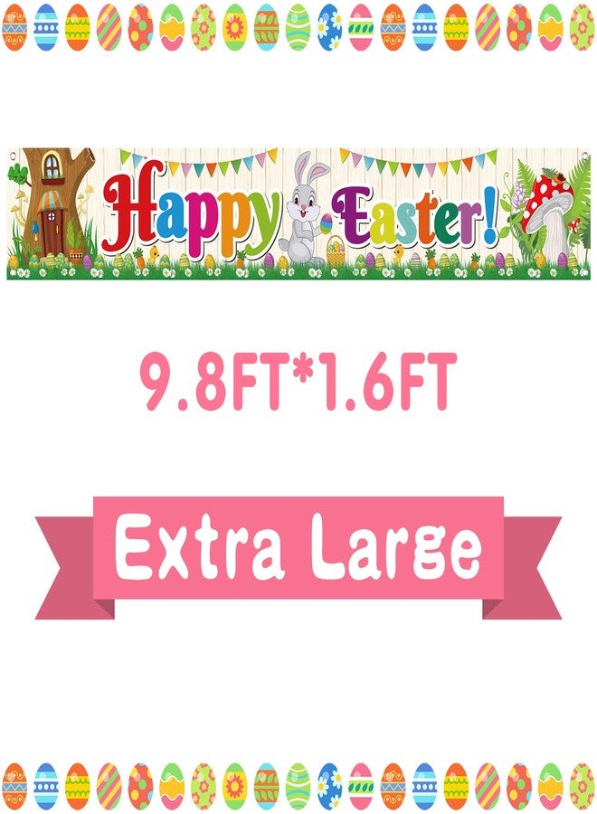 FEPITO Large Happy Easter Banner Fabric Easter lawn sign Backdrop Banner for Spring Easter Decoration Indoor Outdoor Easter Party Supplies,9.8FT*1.6FT - Image 1