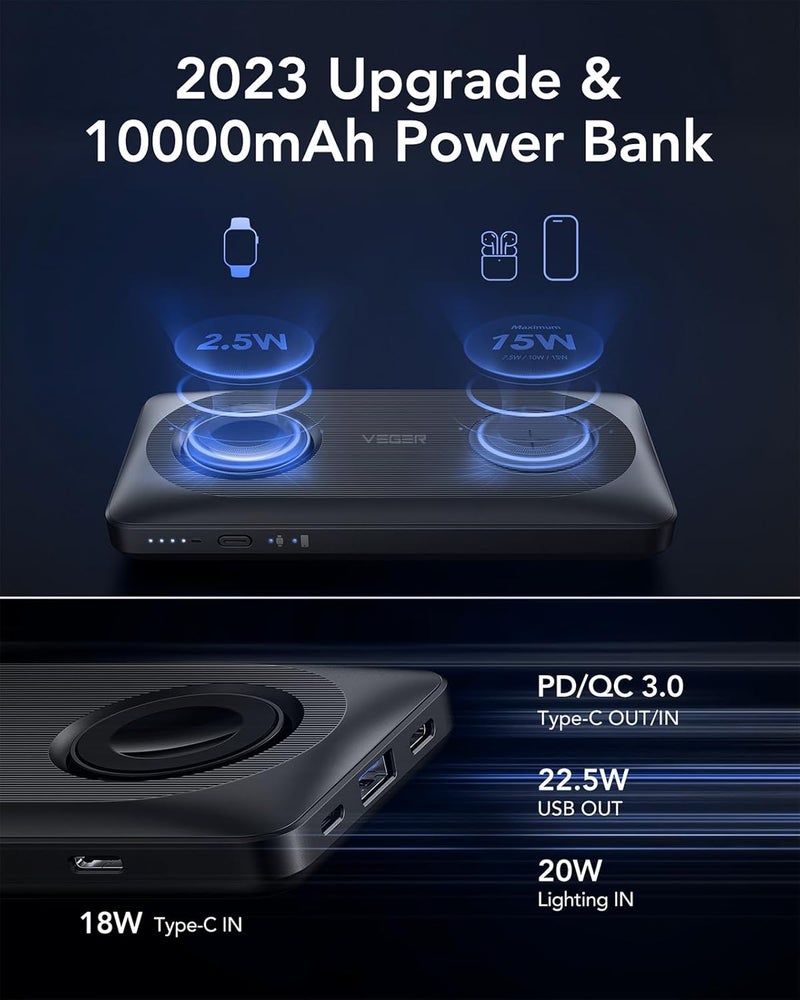 VEGER Magnetic Wireless Power Bank for Apple Watch Charger,3 in 1 Portabl Power bank 10000mAh for iWatch, PD22.5W Fast Charging Compatible for iPhone 14/13/12 Series, Apple Watch Ultra/8/7/6/5/4/3/2 - Image 4