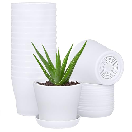 JERIA 16-Pack 4" Plastic Flower Plant Pots Thickened Seedlings Nursery Pots, Flower Plant Container Seed Starting Pots with Pallet (White) - Image 1