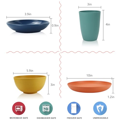 Wrova Wheat straw plates and bowls sets of 16 - Unbreakable wheat straw dinnerware sets for kids - Alternative plastic dinnerware set service for 4 - Microwave safe and Dishwasher safe bowls. Colorful - Image 2