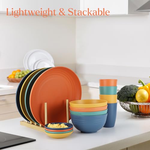 Wrova Wheat straw plates and bowls sets of 16 - Unbreakable wheat straw dinnerware sets for kids - Alternative plastic dinnerware set service for 4 - Microwave safe and Dishwasher safe bowls. Colorful - Image 4