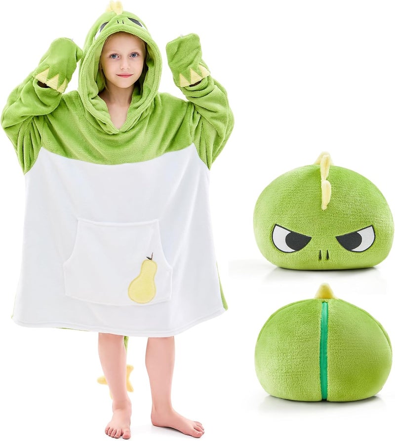 IFNOW Wearable Blanket Hoodie Kids, Oversized Fleece Blanket Sweatshirt Christmas Birthday Gifts for Boys, Girls, Teen Hoodie with Portable Foldable Blanket Pillow, Embroidery 5-15 Years, DinoPear - Image 1