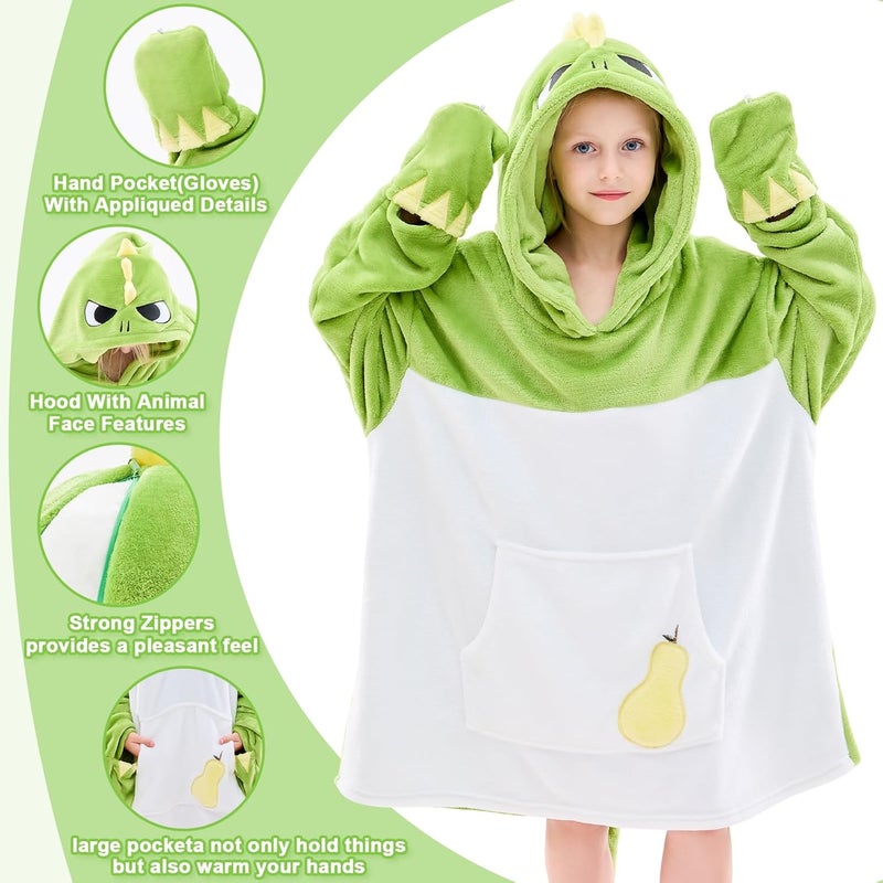 IFNOW Wearable Blanket Hoodie Kids, Oversized Fleece Blanket Sweatshirt Christmas Birthday Gifts for Boys, Girls, Teen Hoodie with Portable Foldable Blanket Pillow, Embroidery 5-15 Years, DinoPear - Image 3
