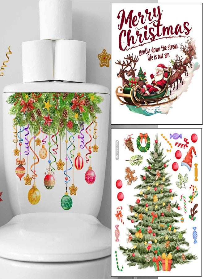 AUOCATTAIL Christmas Toilet Stickers Decals Xmas Christmas Tree Santa Claus Deer Pine Needle Ball Toilet Lid Stickers Bathroom Wall Self-Adhesive Decals for Merry Christmas Party Home Mural Decoration 3Sheets - Image 1